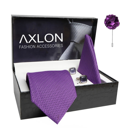 Axlon Mens Plaid Micro Self Silk Necktie Gift Set With Pocket Square Cufflinks & Brooch Pin Tie For Men Formal With Leatherite Box