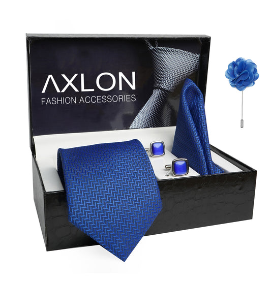 Axlon Mens Plaid Micro Self Silk Necktie Gift Set With Pocket Square Cufflinks & Brooch Pin Tie For Men Formal With Leatherite Box