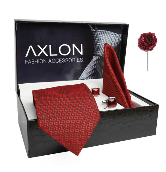 Axlon Mens Plaid Micro Self Silk Necktie Gift Set With Pocket Square Cufflinks & Brooch Pin Tie For Men Formal With Leatherite Box