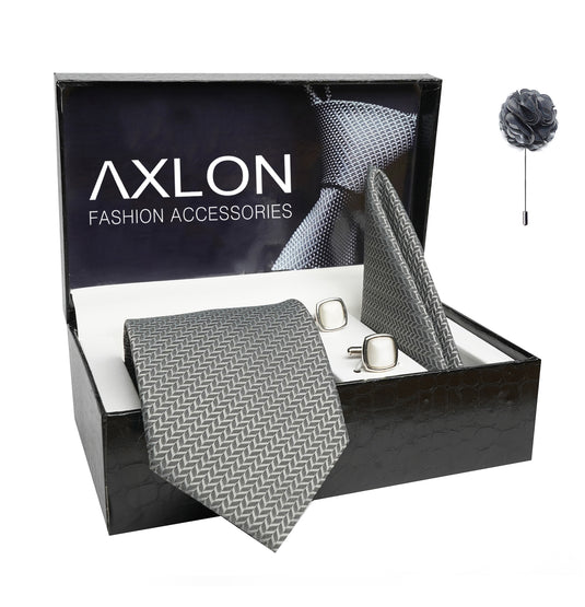 Axlon Mens Plaid Micro Self Silk Necktie Gift Set With Pocket Square Cufflinks & Brooch Pin Tie For Men Formal With Leatherite Box