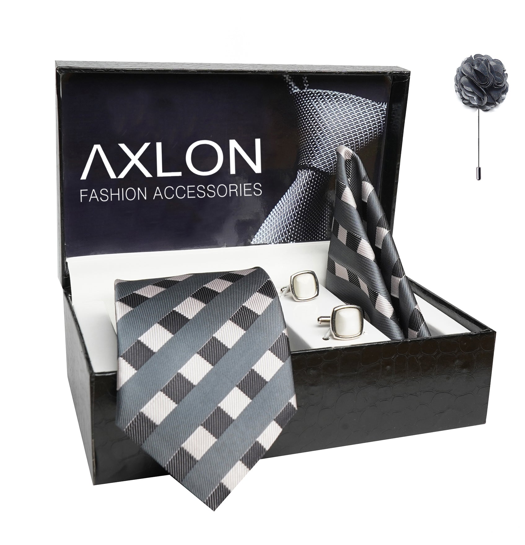 Axlon Mens Plaid Stripped Silk Necktie Gift Set With Pocket Square Cufflinks & Brooch Pin Tie For Men Formal With Leatherite Box