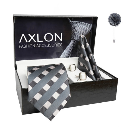 Axlon Mens Plaid Stripped Silk Necktie Gift Set With Pocket Square Cufflinks & Brooch Pin Tie For Men Formal With Leatherite Box
