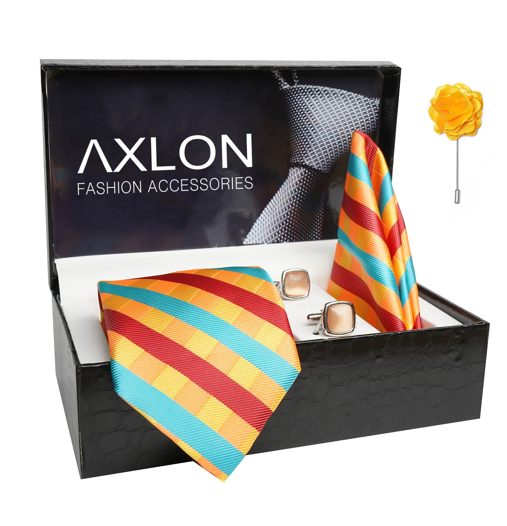 Axlon Mens Plaid Stripped Silk Necktie Gift Set With Pocket Square Cufflinks & Brooch Pin Tie For Men Formal With Leatherite Box