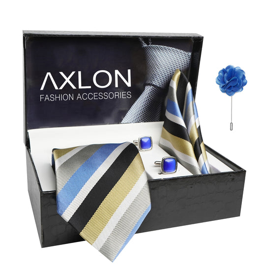 Axlon Mens Plaid Stripped Silk Necktie Gift Set With Pocket Square Cufflinks & Brooch Pin Tie For Men Formal With Leatherite Box