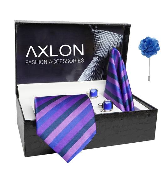 Axlon Mens Plaid Stripped Silk Necktie Gift Set With Pocket Square Cufflinks & Brooch Pin Tie For Men Formal With Leatherite Box