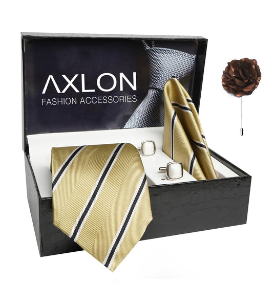 Axlon Mens Plaid Stripped Silk Necktie Gift Set With Pocket Square Cufflinks & Brooch Pin Tie For Men Formal With Leatherite Box