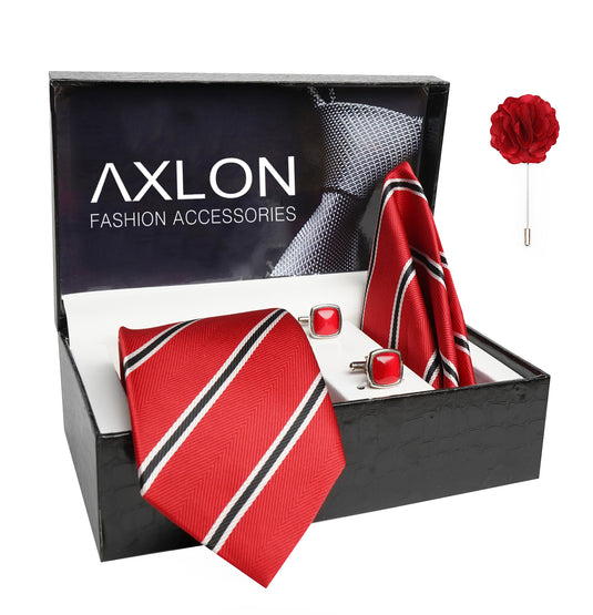 Axlon Mens Plaid Stripped Silk Necktie Gift Set With Pocket Square Cufflinks & Brooch Pin Tie For Men Formal With Leatherite Box