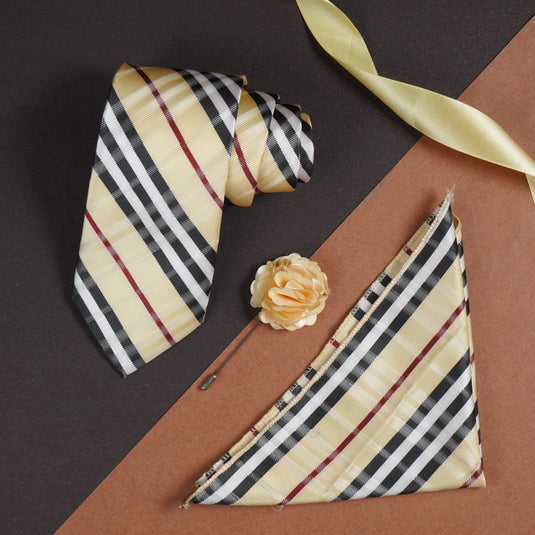 Axlon Mens Plaid Micro Self Silk Necktie Gift Set With Pocket Square & Brooch Pin Tie for Men Formal Tie Set with Box