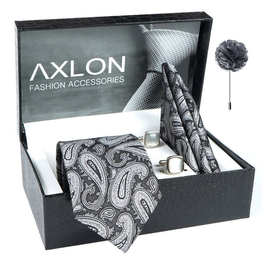 Axlon Mens Plaid Micro Self Silk Necktie Gift Set With Pocket Square Cufflinks & Brooch Pin Tie for Men Formal Tie Set with Box