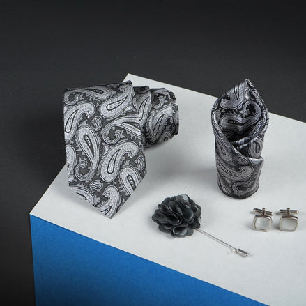 Axlon Mens Plaid Micro Self Silk Necktie Gift Set With Pocket Square Cufflinks & Brooch Pin Tie for Men Formal Tie Set with Box