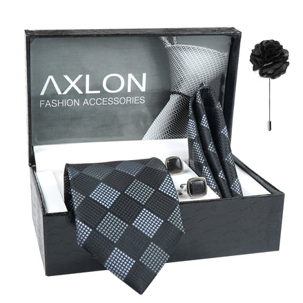 Axlon Men's Check Micro Wooven Silk Necktie Gift Set With Pocket Square Cufflinks & Brooch Pin Tie for Men Formal Tie Set with Box