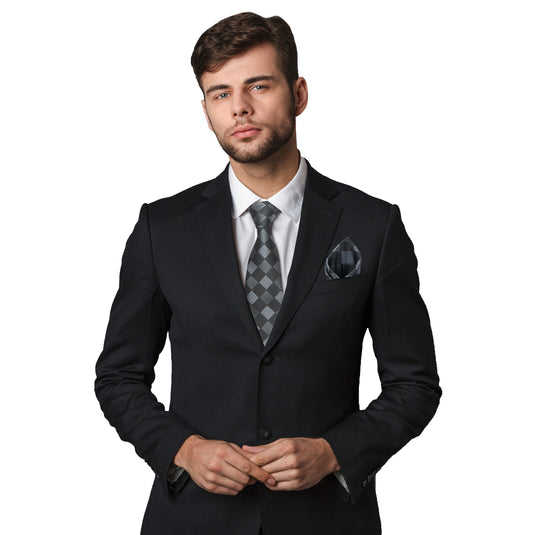 Axlon Men's Check Micro Wooven Silk Necktie Gift Set With Pocket Square Cufflinks & Brooch Pin Tie for Men Formal Tie Set with Box