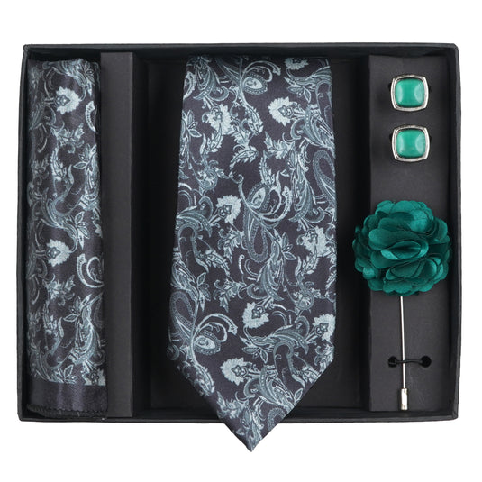 Axlon Mens Plaid Micro Self Silk Necktie Gift Set With Pocket Square Cufflinks & Brooch Pin Tie for Men Formal Tie Set with Box