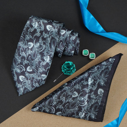 Axlon Mens Plaid Micro Self Silk Necktie Gift Set With Pocket Square Cufflinks & Brooch Pin Tie for Men Formal Tie Set with Box