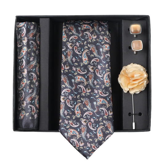 Axlon Mens Plaid Micro Self Silk Necktie Gift Set With Pocket Square Cufflinks & Brooch Pin Tie for Men Formal Tie Set with Box