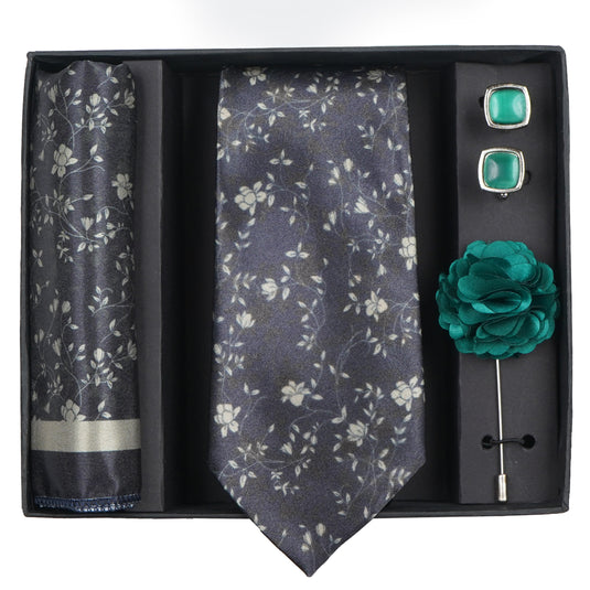 Axlon Mens Plaid Micro Self Silk Necktie Gift Set With Pocket Square Cufflinks & Brooch Pin Tie for Men Formal Tie Set with Box