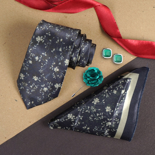 Axlon Mens Plaid Micro Self Silk Necktie Gift Set With Pocket Square Cufflinks & Brooch Pin Tie for Men Formal Tie Set with Box