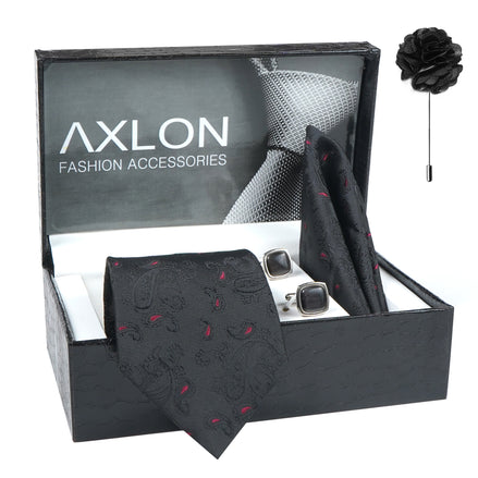 Axlon Men's Paisley Micro Wooven Silk Necktie Gift Set With Pocket Square Cufflinks & Brooch Pin Tie for Men Formal Tie Set with Box