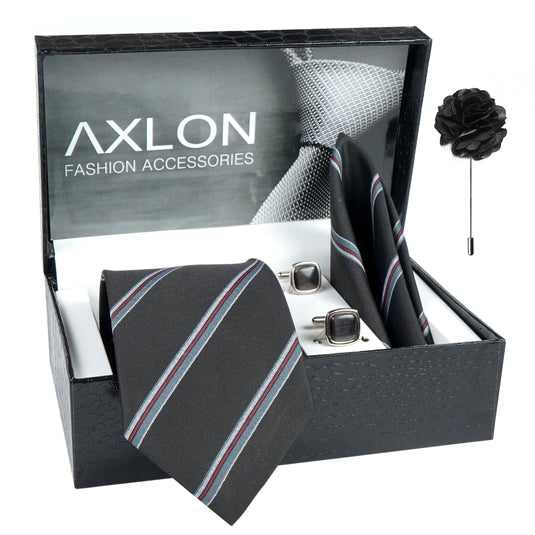 Axlon Mens Plaid Micro Self Silk Necktie Gift Set With Pocket Square Cufflinks & Brooch Pin Tie for Men Formal Tie Set with Box