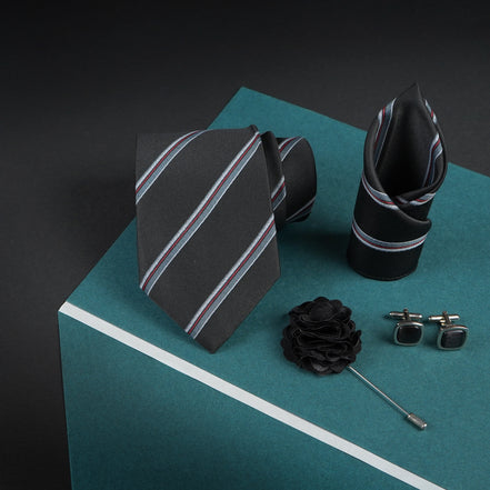 Axlon Mens Plaid Micro Self Silk Necktie Gift Set With Pocket Square Cufflinks & Brooch Pin Tie for Men Formal Tie Set with Box