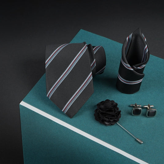 Axlon Mens Plaid Micro Self Silk Necktie Gift Set With Pocket Square Cufflinks & Brooch Pin Tie for Men Formal Tie Set with Box