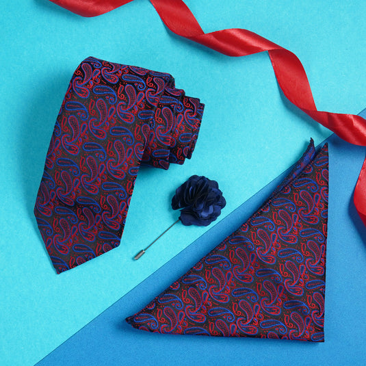 Axlon Mens Plaid Micro Self Silk Necktie Gift Set With Pocket Square & Brooch Pin Tie for Men Formal Tie Set with Box