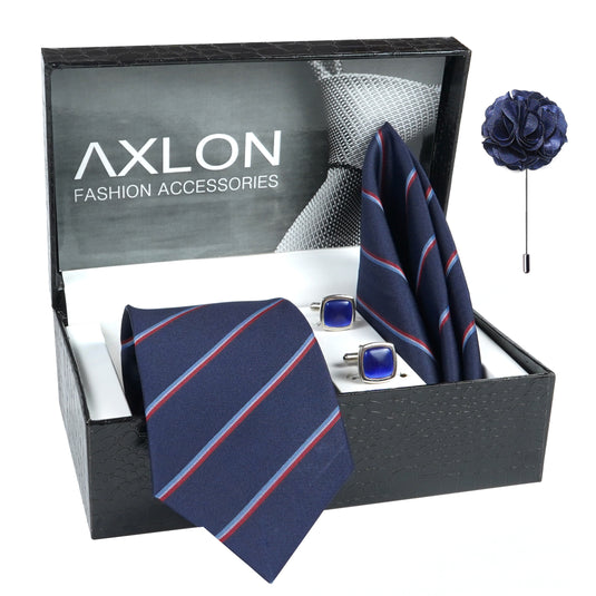 Axlon Mens Plaid Micro Self Silk Necktie Gift Set With Pocket Square Cufflinks & Brooch Pin Tie for Men Formal Tie Set with Box