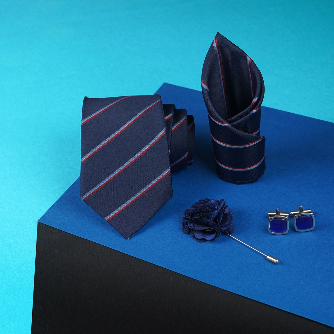 Axlon Mens Plaid Micro Self Silk Necktie Gift Set With Pocket Square Cufflinks & Brooch Pin Tie for Men Formal Tie Set with Box