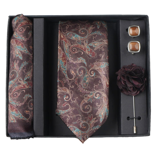 Axlon Mens Plaid Micro Self Silk Necktie Gift Set With Pocket Square Cufflinks & Brooch Pin Tie for Men Formal Tie Set with Box