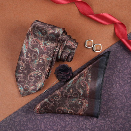 Axlon Mens Plaid Micro Self Silk Necktie Gift Set With Pocket Square Cufflinks & Brooch Pin Tie for Men Formal Tie Set with Box