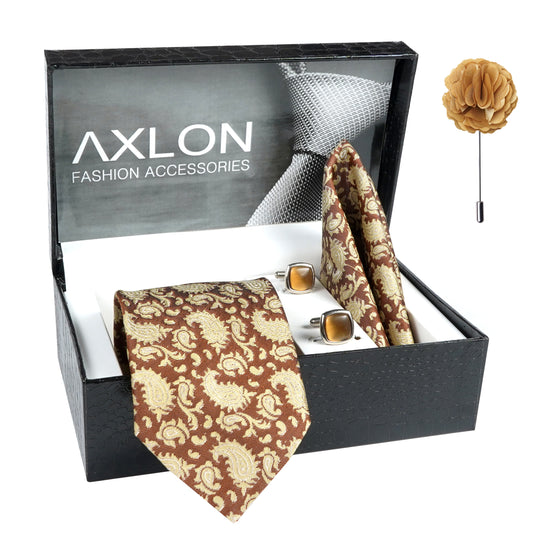 Axlon Mens Plaid Micro Self Silk Necktie Gift Set With Pocket Square Cufflinks & Brooch Pin Tie for Men Formal Tie Set with Box