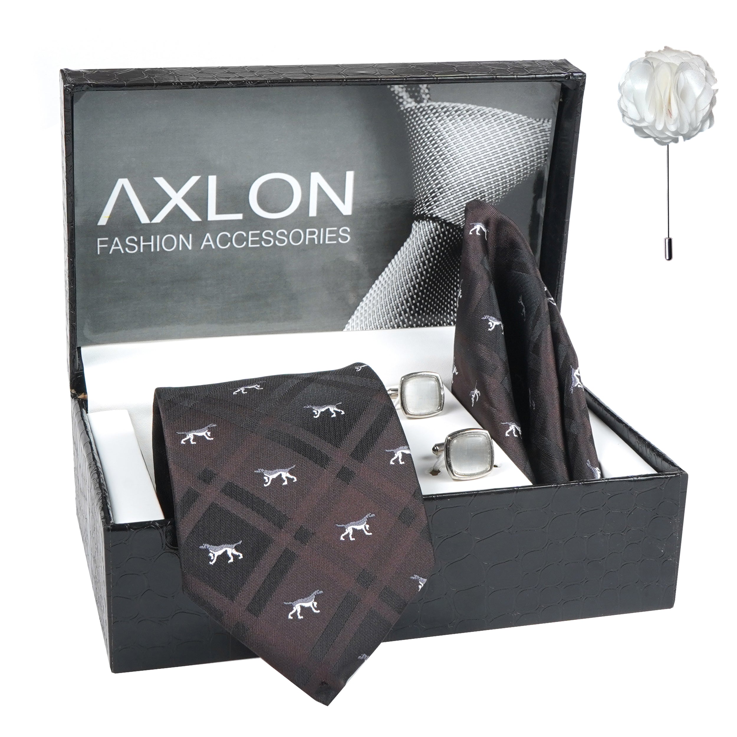 Axlon Men's Check Micro Wooven Silk Necktie Gift Set With Pocket Square Cufflinks & Brooch Pin Tie for Men Formal Tie Set with Box