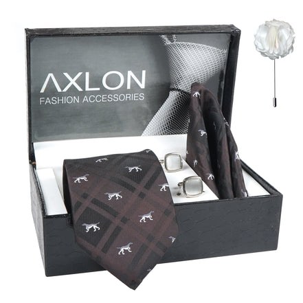Axlon Men's Check Micro Wooven Silk Necktie Gift Set With Pocket Square Cufflinks & Brooch Pin Tie for Men Formal Tie Set with Box