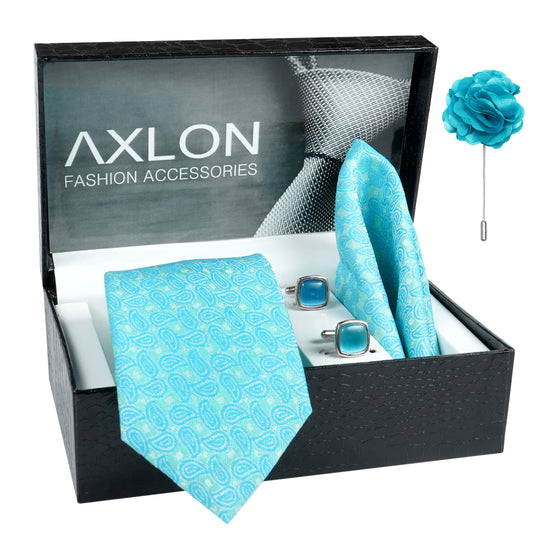 Axlon Mens Plaid Micro Self Silk Necktie Gift Set With Pocket Square Cufflinks & Brooch Pin Tie for Men Formal Tie Set with Box