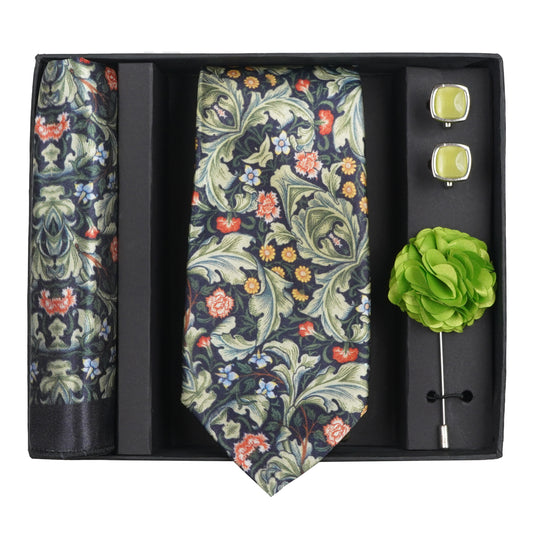 Axlon Mens Plaid Micro Self Silk Necktie Gift Set With Pocket Square Cufflinks & Brooch Pin Tie for Men Formal Tie Set with Box