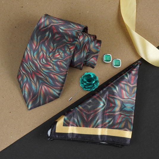 Axlon Mens Plaid Micro Self Silk Necktie Gift Set With Pocket Square Cufflinks & Brooch Pin Tie for Men Formal Tie Set with Box