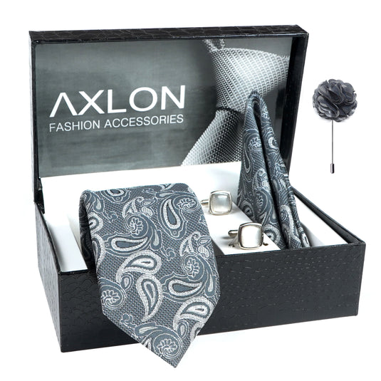 Axlon Mens Plaid Micro Self Silk Necktie Gift Set With Pocket Square Cufflinks & Brooch Pin Tie for Men Formal Tie Set with Box