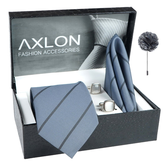 Axlon Mens Plaid Micro Self Silk Necktie Gift Set With Pocket Square Cufflinks & Brooch Pin Tie for Men Formal Tie Set with Box