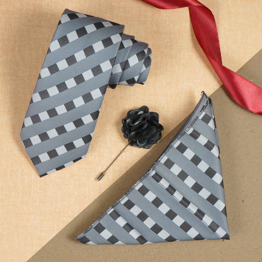 Axlon Mens Plaid Micro Self Silk Necktie Gift Set With Pocket Square & Brooch Pin Tie for Men Formal Tie Set with Box