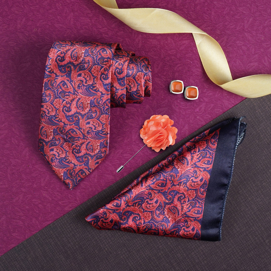 Axlon Mens Plaid Micro Self Silk Necktie Gift Set With Pocket Square Cufflinks & Brooch Pin Tie for Men Formal Tie Set with Box
