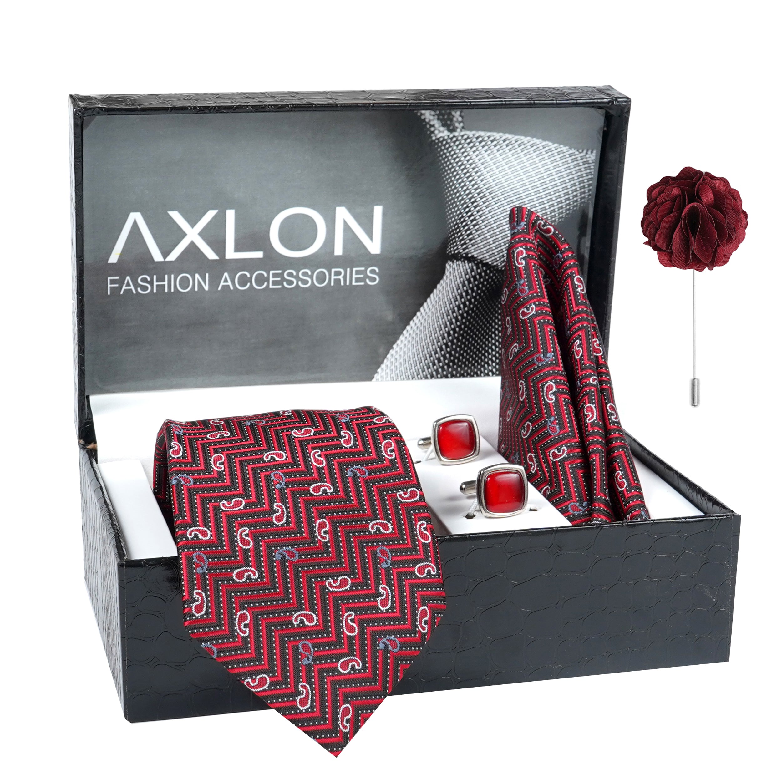 Axlon Men's Paisley Micro Wooven Silk Necktie Gift Set With Pocket Square Cufflinks & Brooch Pin Tie for Men Formal Tie Set with Box