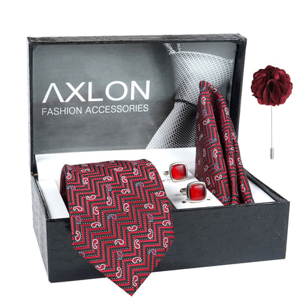 Axlon Men's Paisley Micro Wooven Silk Necktie Gift Set With Pocket Square Cufflinks & Brooch Pin Tie for Men Formal Tie Set with Box