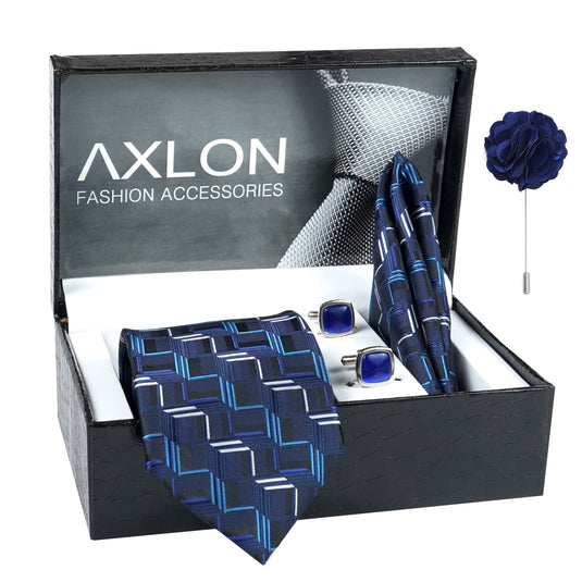 Axlon Men's 3D Stripped Micro Wooven Silk Necktie Gift Set With Pocket Square Cufflinks & Brooch Pin Tie for Men Formal Tie Set with Box
