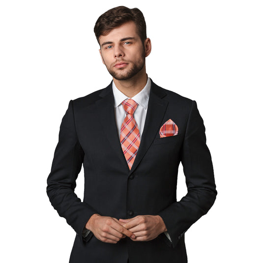 Axlon Men's Check Micro Wooven Silk Necktie Gift Set With Pocket Square Cufflinks & Brooch Pin Tie for Men Formal Tie Set with Box