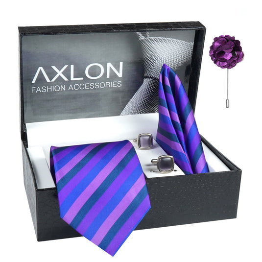 Axlon Mens Plaid Micro Self Silk Necktie Gift Set With Pocket Square Cufflinks & Brooch Pin Tie for Men Formal Tie Set with Box