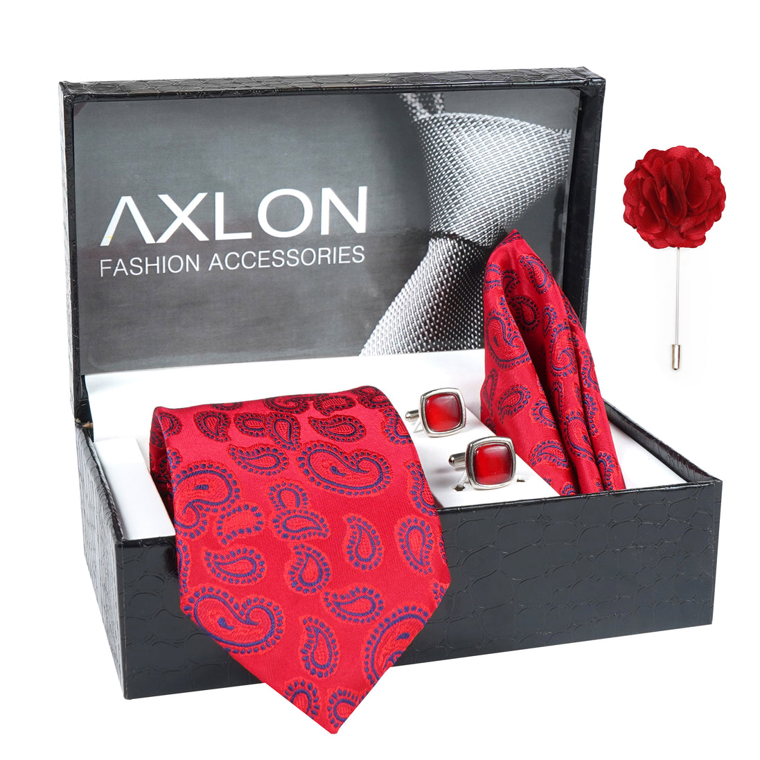 Axlon Men's Paisley Micro Wooven Silk Necktie Gift Set With Pocket Square Cufflinks & Brooch Pin Tie for Men Formal Tie Set with Box