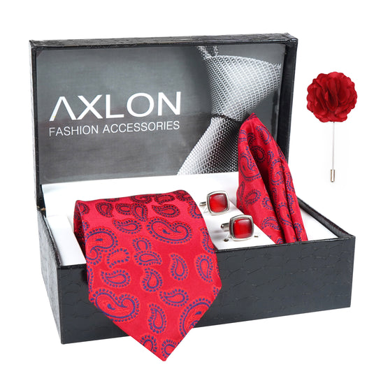 Axlon Men's Paisley Micro Wooven Silk Necktie Gift Set With Pocket Square Cufflinks & Brooch Pin Tie for Men Formal Tie Set with Box