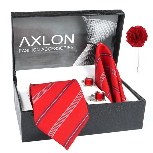 Axlon Mens Plaid Micro Self Silk Necktie Gift Set With Pocket Square Cufflinks & Brooch Pin Tie for Men Formal Tie Set with Box
