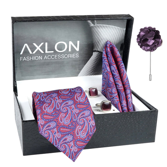 Axlon Mens Plaid Micro Self Silk Necktie Gift Set With Pocket Square Cufflinks & Brooch Pin Tie for Men Formal Tie Set with Box