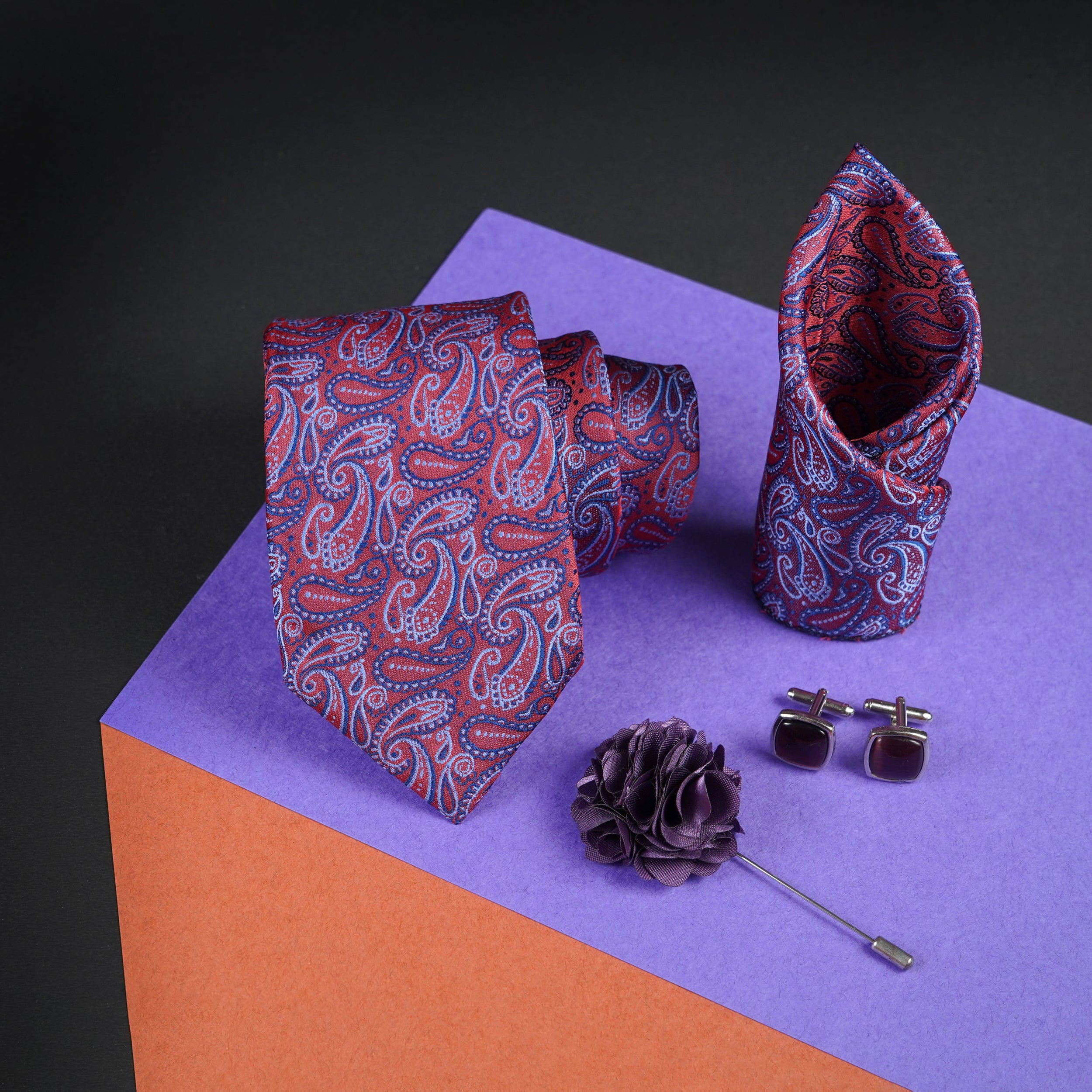 Axlon Mens Plaid Micro Self Silk Necktie Gift Set With Pocket Square Cufflinks & Brooch Pin Tie for Men Formal Tie Set with Box